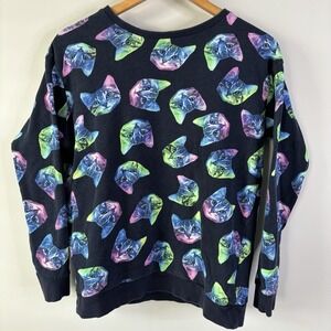 H&M DIVIDED Women's Neon Rainbow Cat Sweatshirt Pullover Navy Blue Small